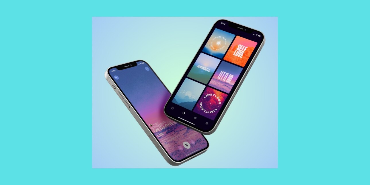 Two iPhones displaying screen shots from the Mindful Nation app. The displays include the text self love, anxiety goodbye, let it go, meditate, limitless