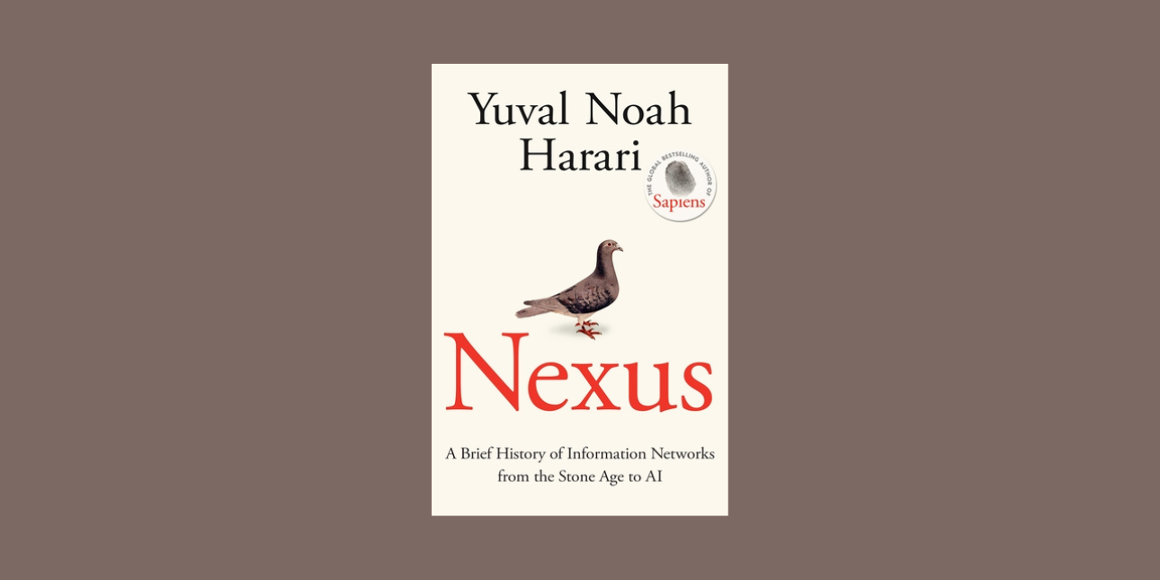 The book cover of Nexus featuring an illustration of a brown pigeon on a plain cream background
