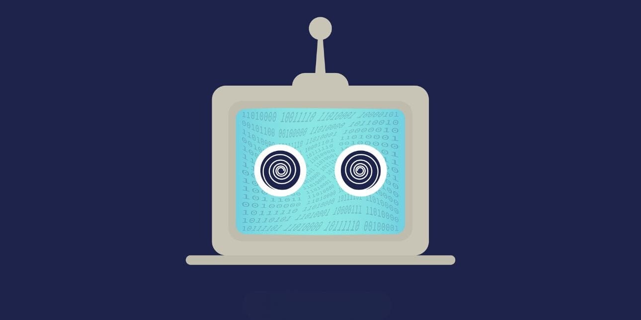 An illustration of a desktop computer. On the screen are eyes formed of two spiral circles as a metaphor for hypnotism. The background of the screen are a series of digits on wavy lines