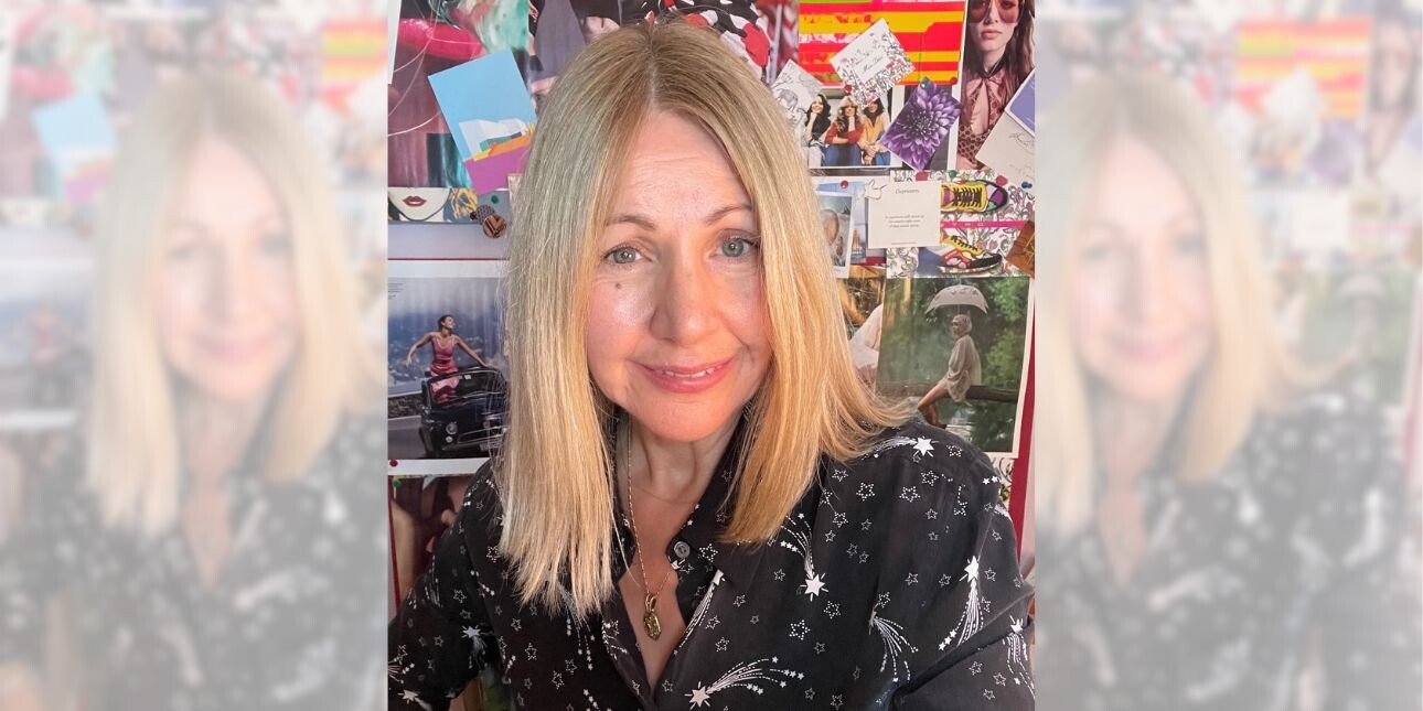 A tryptic of Jacqui Ripley. Jacqui is a white woman with shoulder length blonde hair who wears a black and white patterned top. She is stood in front of various photos and magazine cuttings