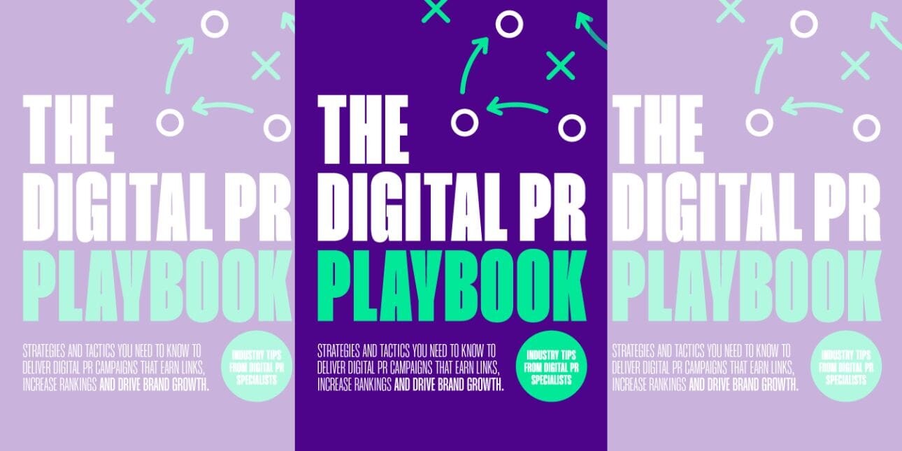 The purple cover of the Digital PR Playbook with green coloured arrows and doodles