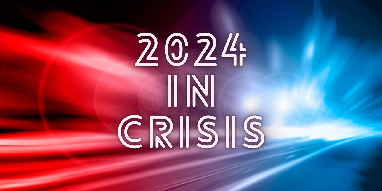 Text reads 2024 in crisis on a background of illuminated blue and red hues