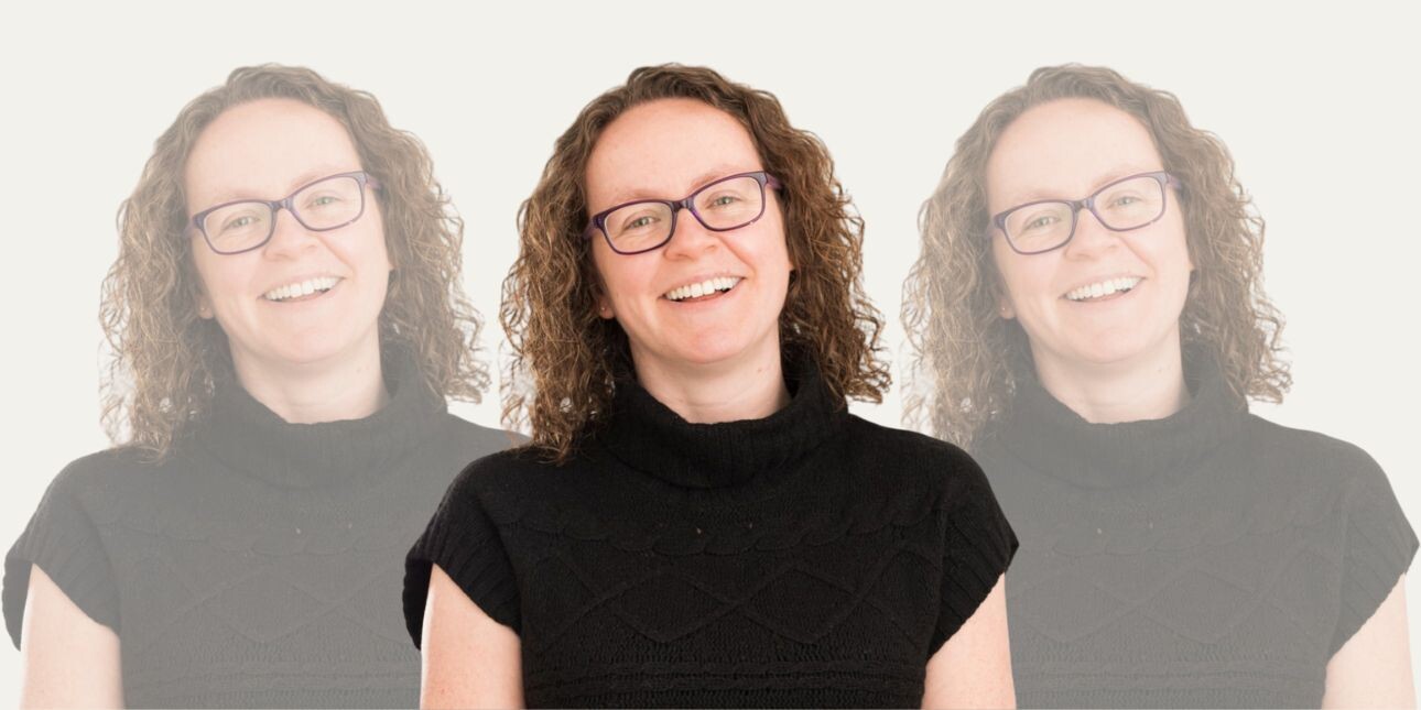 A tryptic portrait of a smiling Nikki Simpson on a grey background. Nikki is a white woman with shoulder length curly hair and glasses, wearing a short sleeved black top