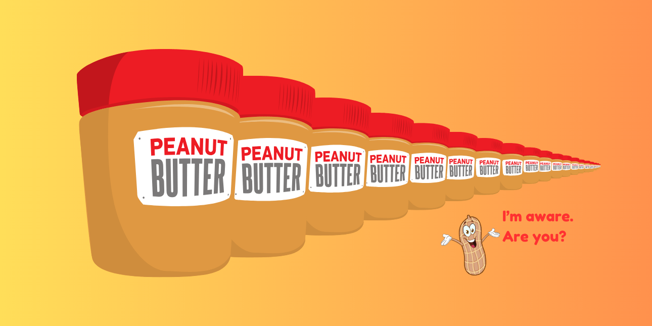 An illustration of three jars with a red lid, brown contents and labelled peanut butter. Underneath is a cartoon monkey nut with the words: I'm aware, are you?