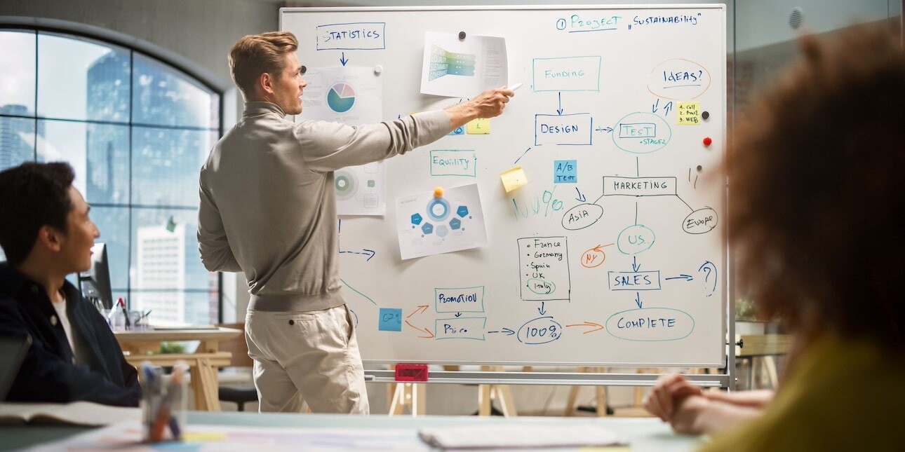 A white man with short blond hair dressed in smart-casual clothes stands at a whiteboard explaining elements of a mind map chart to colleagues