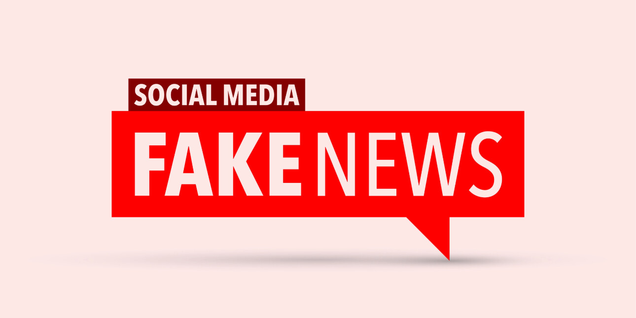 The word social media is placed upon a red, rectangular speech bubble containing the words fake news. The background is pink