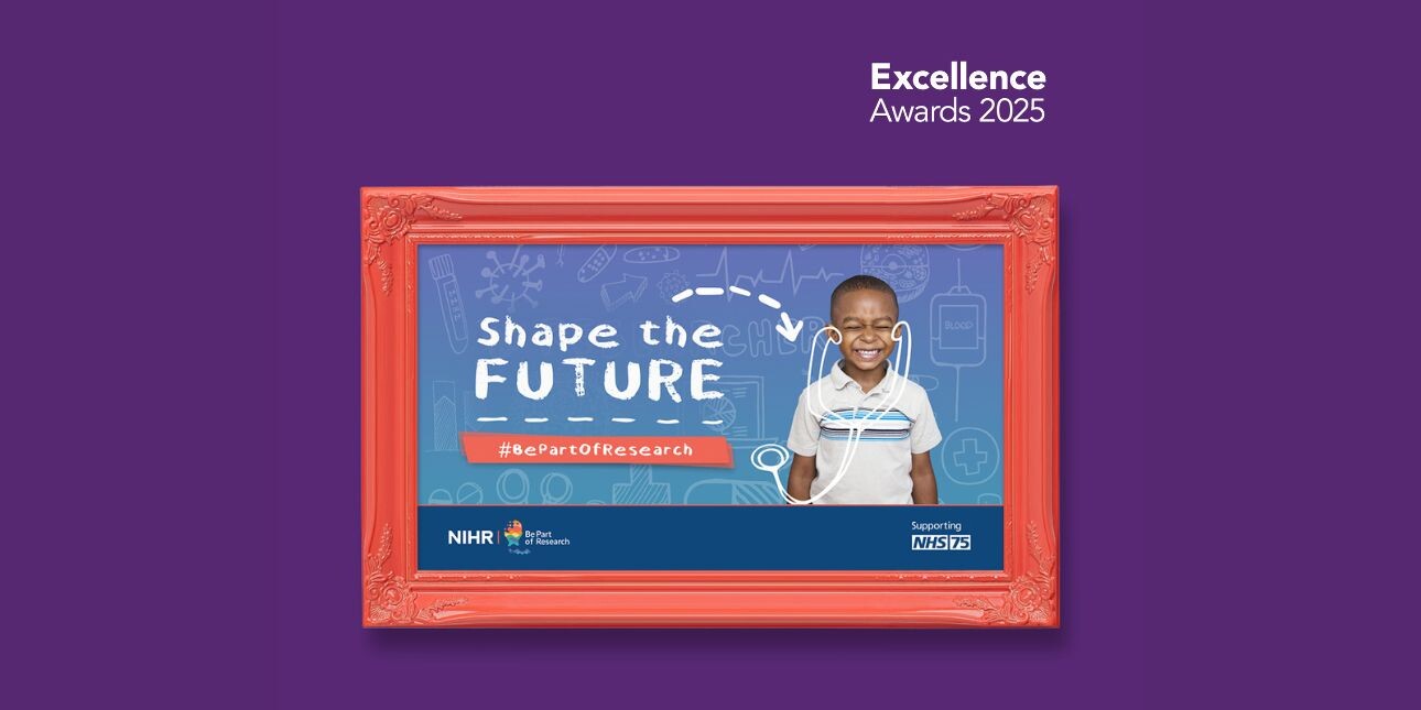 An orange picture frame on a purple background. Inside the frame is a campaign photo featuring a smiling young child with a superimposed hand-drawn stethoscope and the words shape the future be part of research