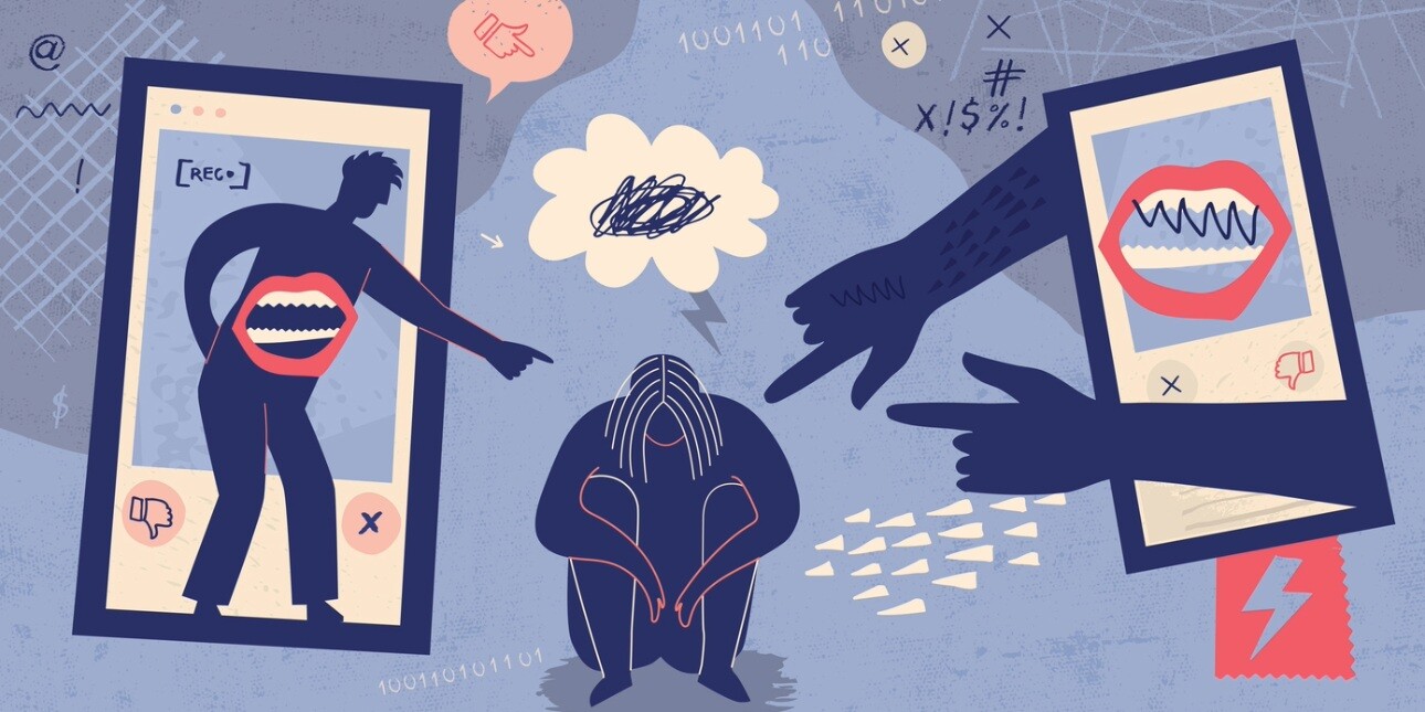 An illustration of a person slumped on the floor with their head down. They are surrounded by large hands, a person on a mobile screen pointing at them, an oversized set of teeth and various images that represent taunts