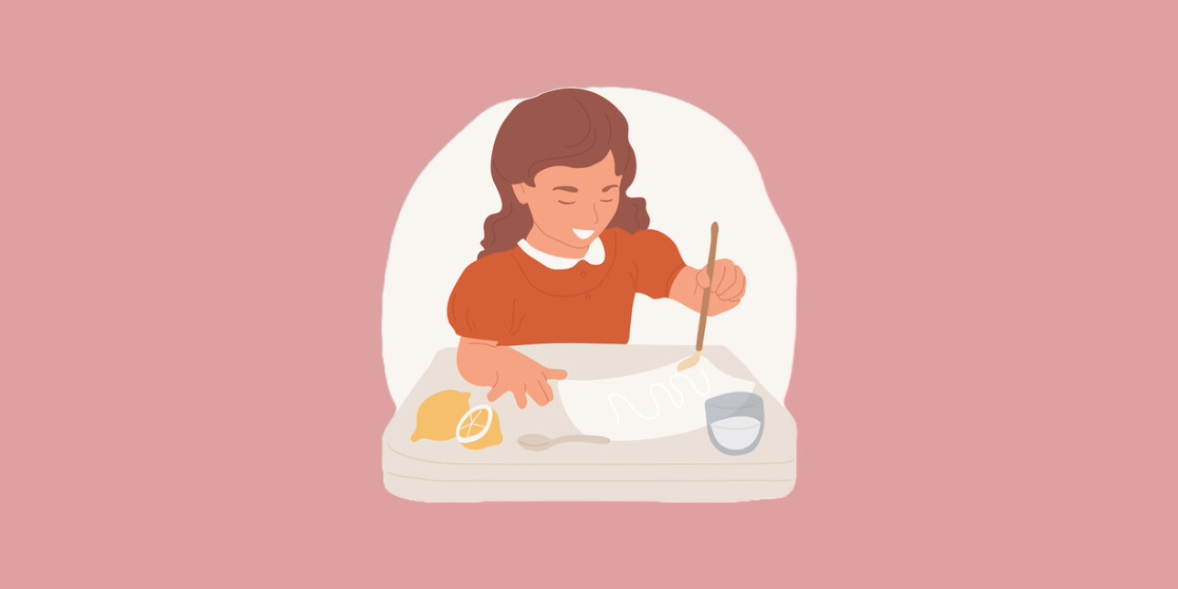 An illustration of a brown-haired young girl in a red dress who is using lemon juice to write an 'invisible' message on a sheet of white paper. The background is terracotta.