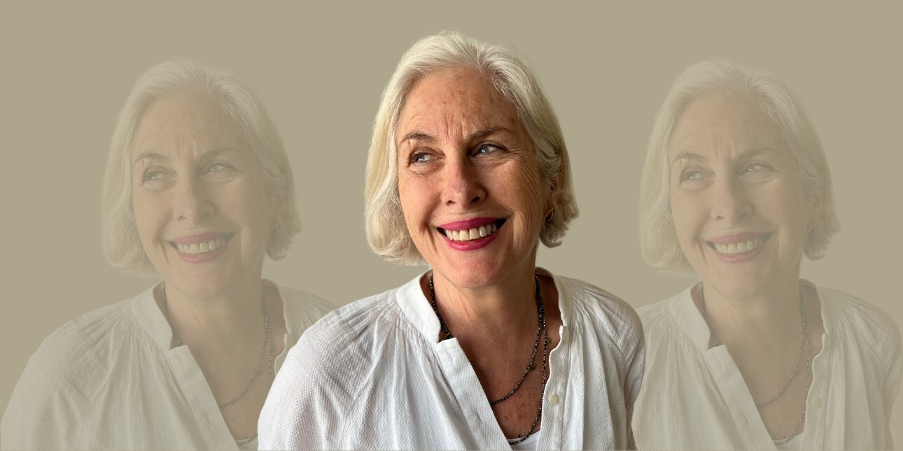 A tryptic colour portrait of Louise Chunn on a fawn background. Louise is a white woman with grey hair, wearing a white linen blouse. She is looking off camera and smiling.