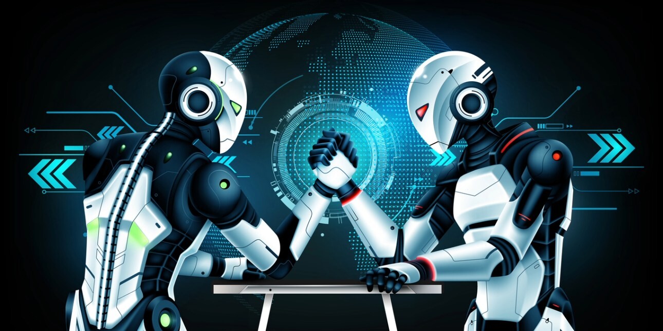 An illustration of two near-identical humanoid robots arm wrestling in front of a dot matrix image of the globe.