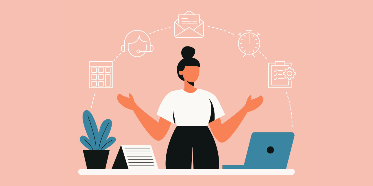 On a salmon pink background an illustration of a woman with a hair bun stood behind a desk with her arms stretched. Various icons relating to work and timekeeping float above her in the shape of a semi circle.