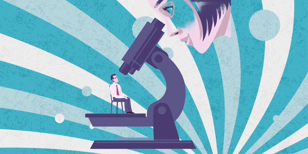An illustration of a woman's head looking through a microscope at a man sat on a chair under the lens. The background is turquoise and white wavy lines.