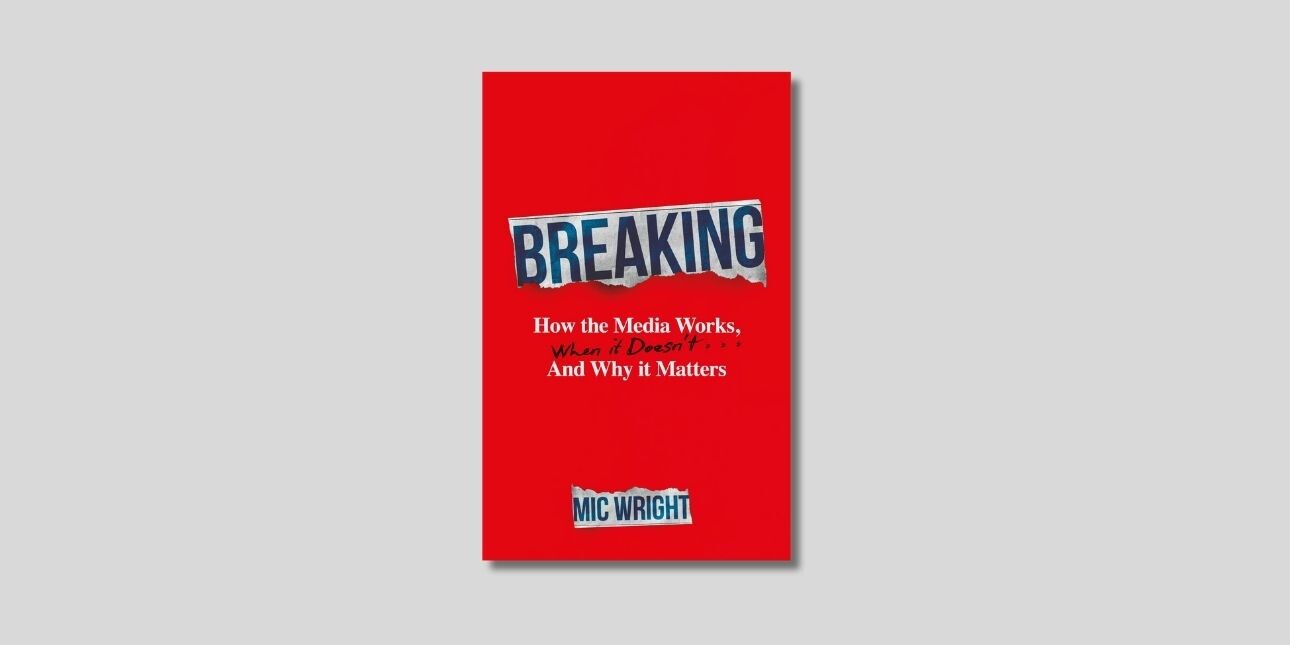 The plain red book cover with the title in various type forms including the word Breaking written as a tabloid font on a ripped newspaper