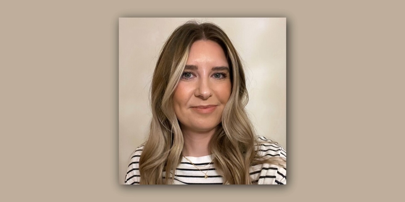 On a fawn background, a square colour portrait of Kat Trinder. Kat is a white woman with shoulder length light brown hair, who wears a white and navy striped top