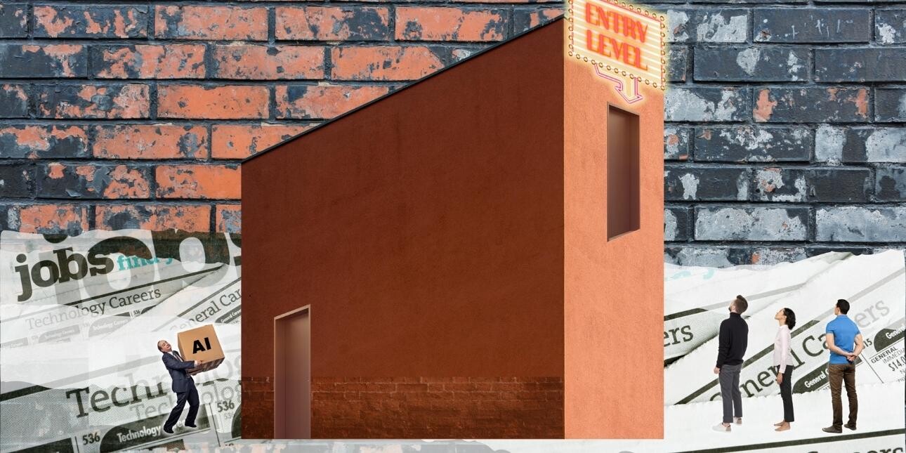 An imposing building with two doors and a red brick background, newspaper cuttings of job listings are also collaged into the background. One door is at ground level where a businessman is carrying a large box labelled AI as he is about to enter the