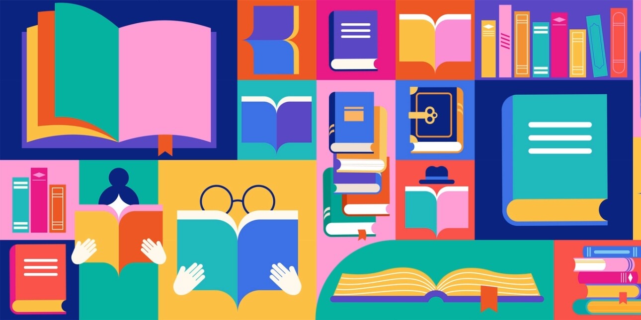 A multicoloured flat vector illustration of book covers and outlines of two people reading them