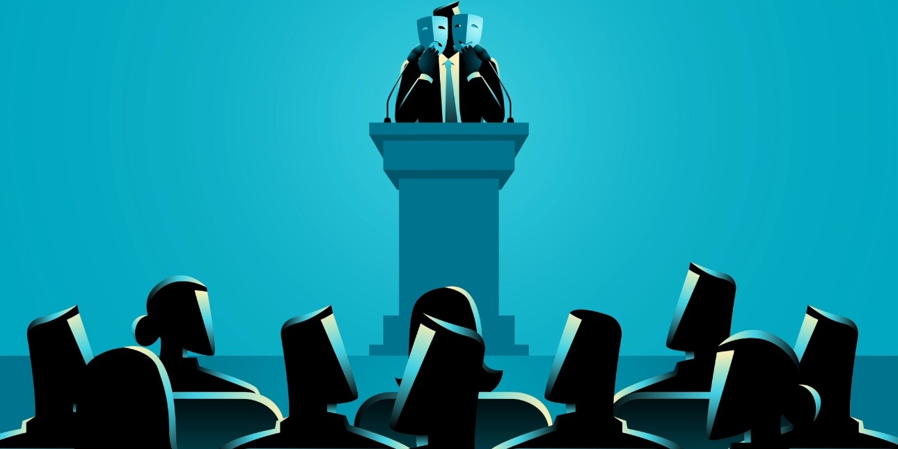 A blue and back illustration of a person on stage behind a podium holding theatrical sad and happy masks in front of their face while an audience looks on from below