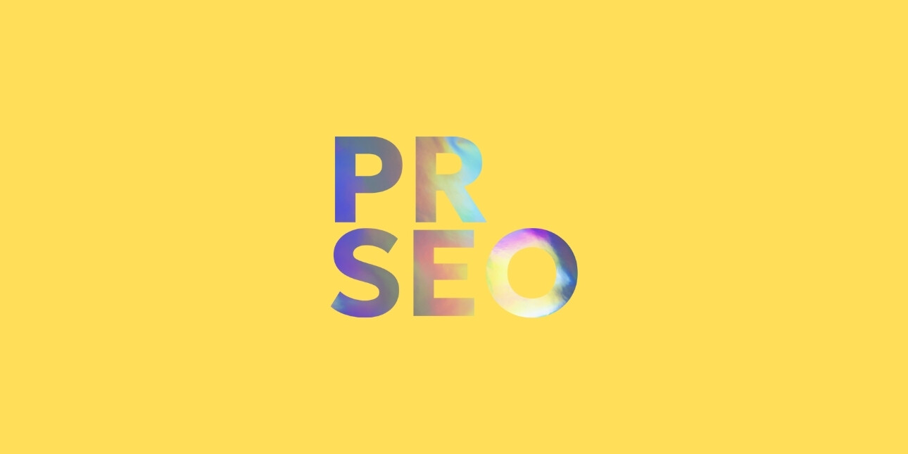 On a yellow background the words PR and SEO in a serif font filled in multicolour across two lines.