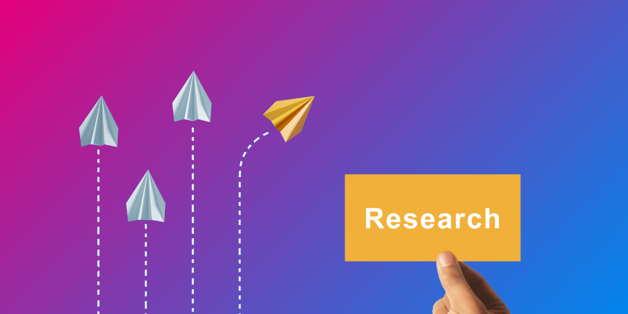 An illustration on a pink-purple background of a bird's eye view of three grey paper planes. To their right, an orange paper plane veers to the right. Next to this is a hand holding an orange banner which reads research.