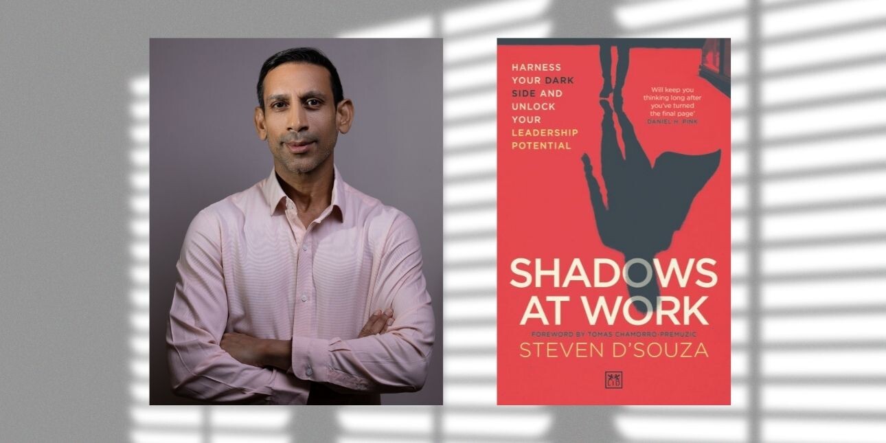 A composite of two images on a background of shadows cast by venetian blinds. On the left a colour portrait of Steven D'Souza wearing a pink shirt. To the right, the red front cover Shadows at Work.