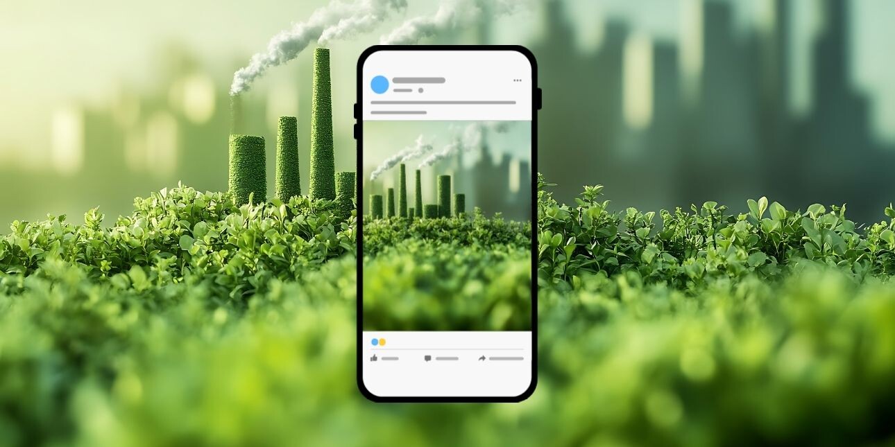 A rendered image of power station-shaped topiary. The same image is repeated on a mobile phone social media screen in the centre of the image.