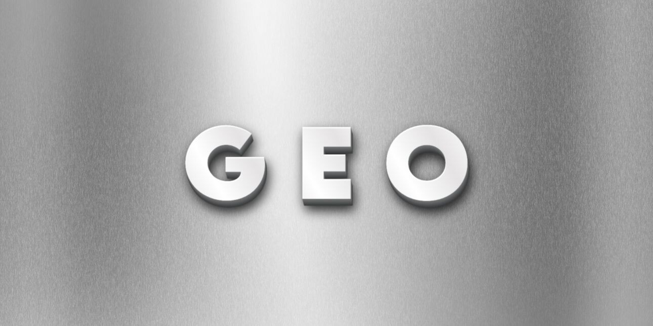 On a silver background the letters geo in white capital letters