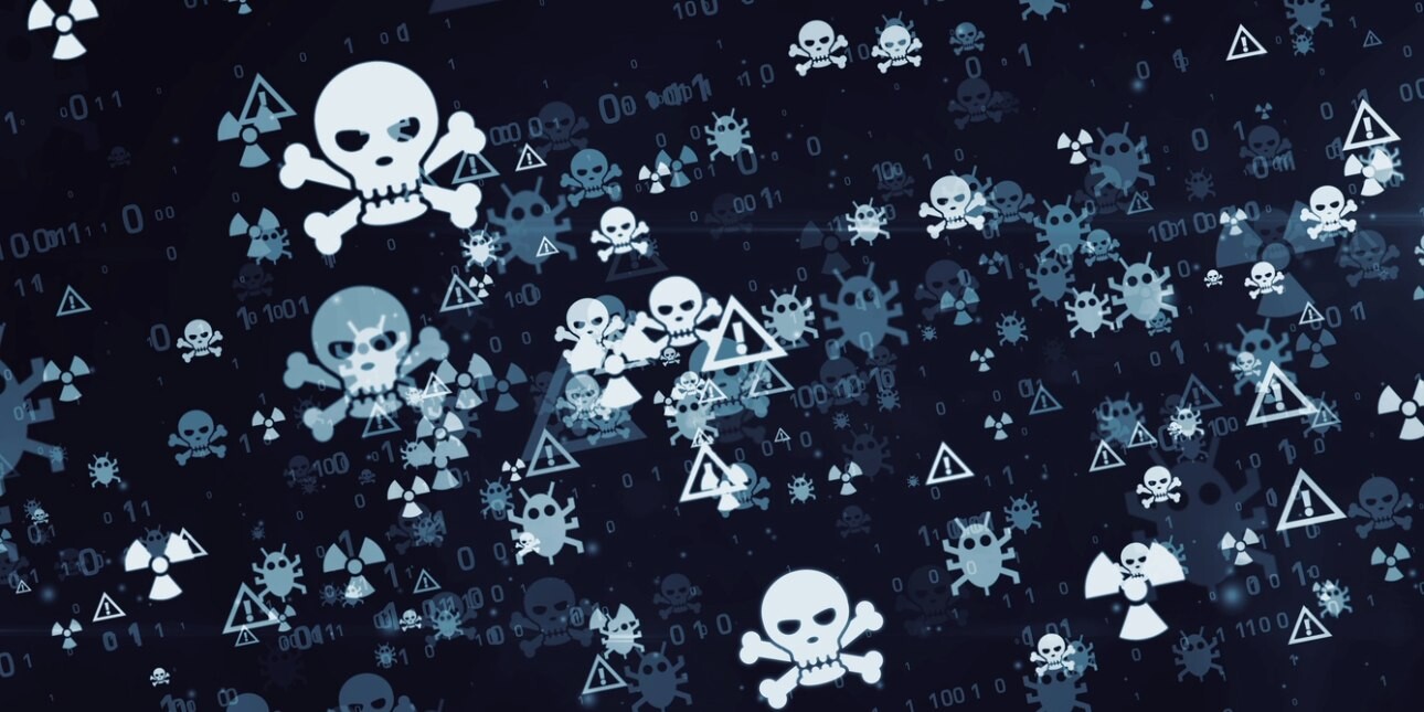 A digital illustrations of skulls and crossbones, bugs and nuclear symbols on a dark background of binary code