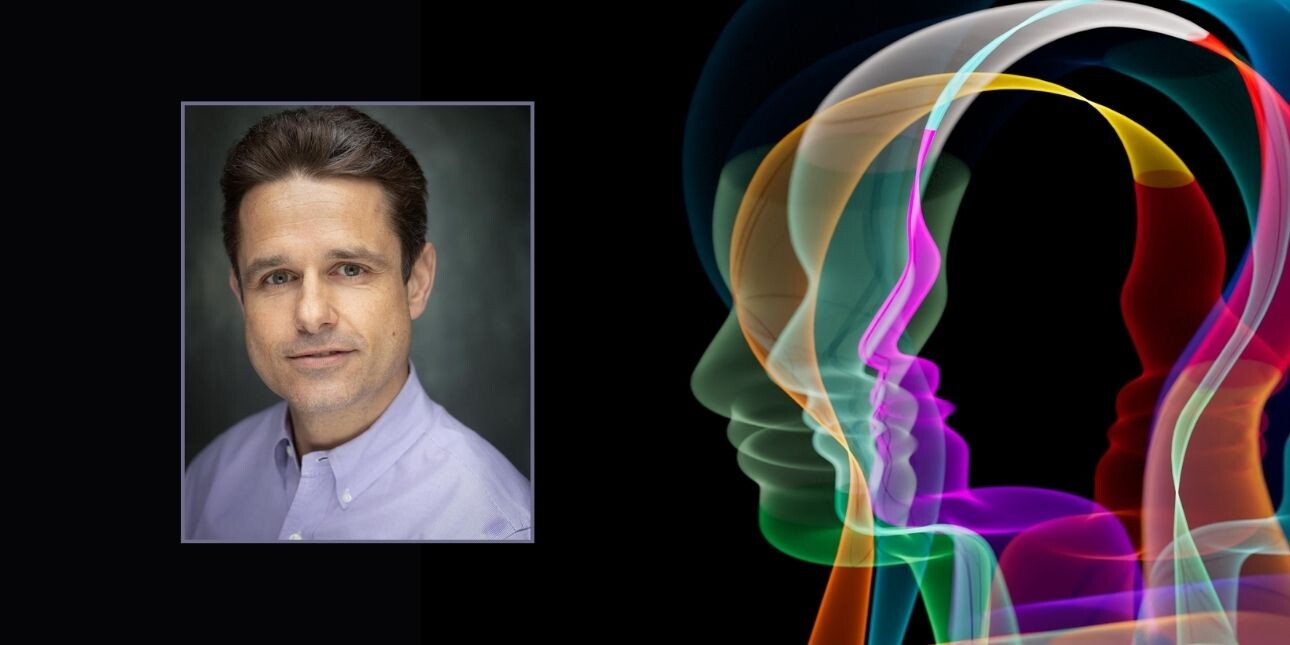 On the left, against a black background, a colour portrait of Jack Lewis. On the right, a series of multicoloured outlines of heads.