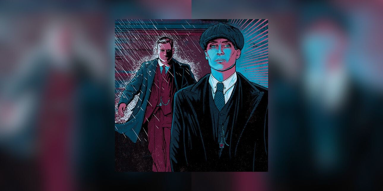 An illustration of actors Finn Cole and Cillian Murphy in 1920s-1930s clothes.