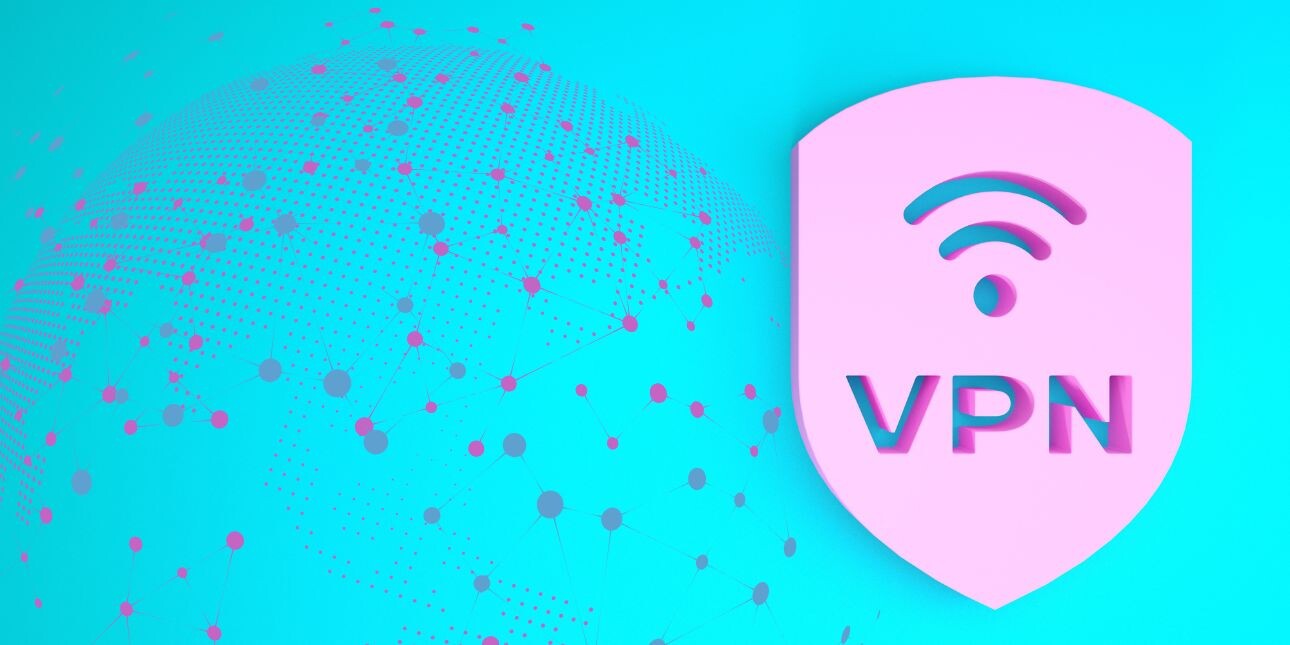On a turquoise background, a digitally created 3D pink shield with letters VPN and a wifi symbol cut out of it. To its left is the outline of a globe covered in nodes.