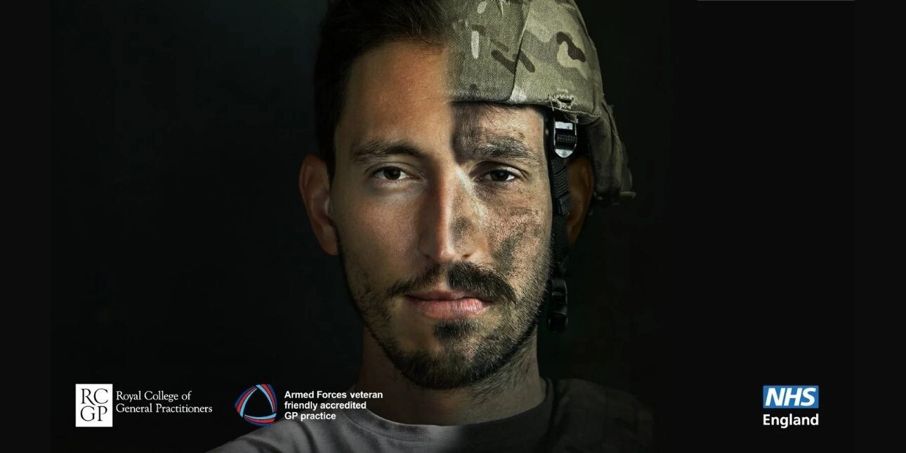 A campaign visual showing a digitised colour image of a white, male soldier's head and shoulders. His left side is civilian with short brown hair; his right side is in army helmet and uniform with camouflage paint on his cheek