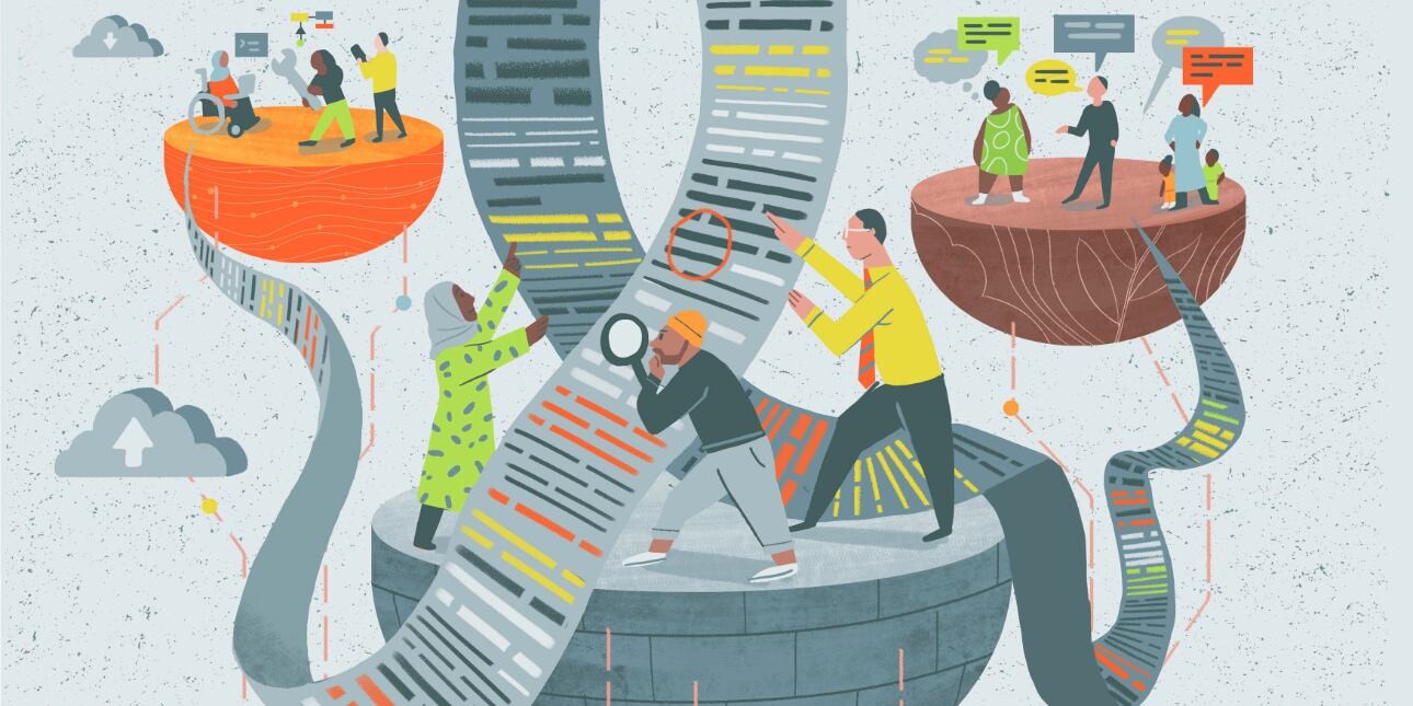 An illustration depicting developers as stakeholders in the life-cycle of AI. People are positioned on hemispheres fixing computing icons