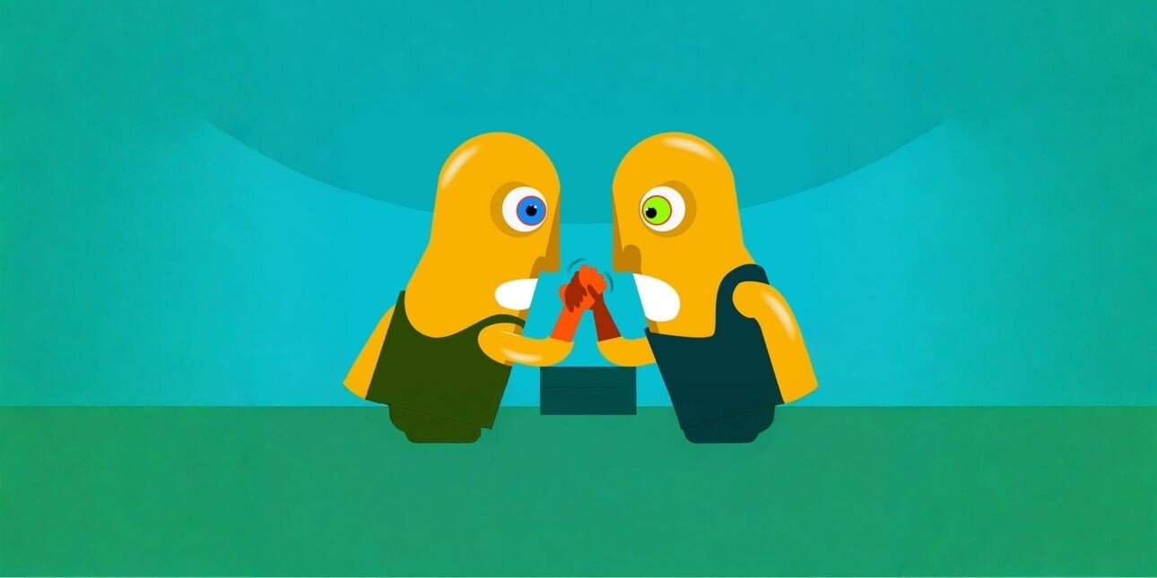 A side-profile illustration on a blue and green background of two yellow, sausage-shaped humanoid cartoon characters arm wrestling. They are identical except one has a blue eye and the other's is red.