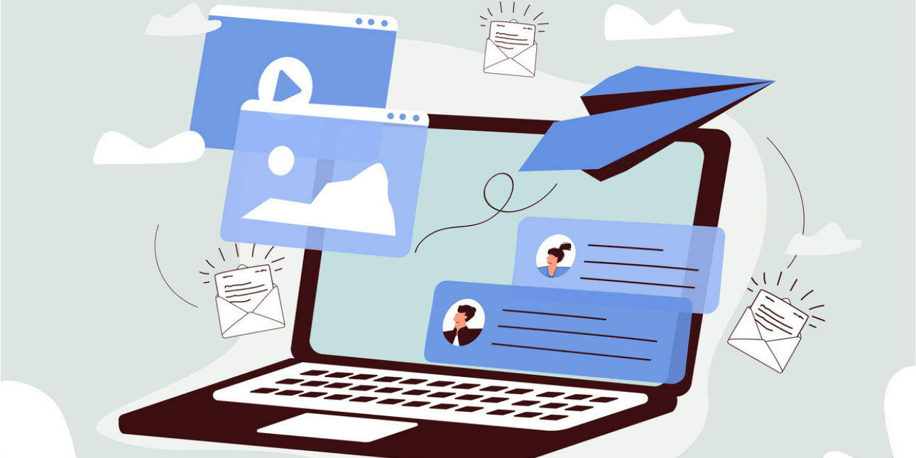 Illustration of a laptop which has a paper plane, envelopes, browsers and figures of people flying out of it