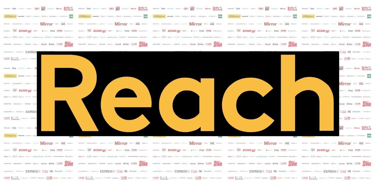 The yellow typographic Reach logo on a black rectangle. In the background are a series of mastheads from Reach's newspapers and digital media.