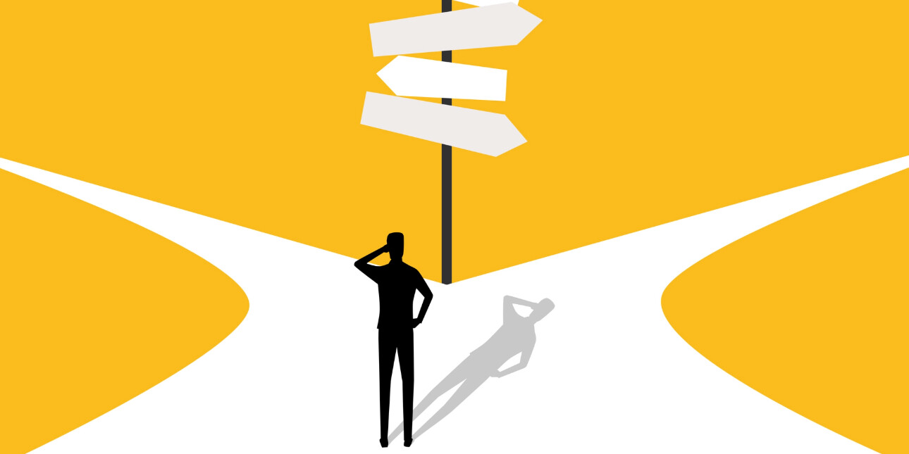 An illustration on a yellow background of a silhouetted figure scratching their head while ahead at a white path splitting in two.
