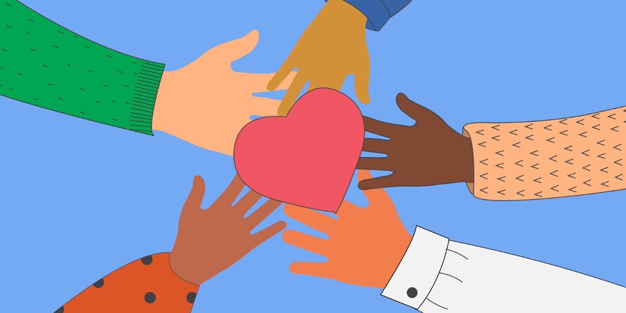 An illustration of a blue background of five hands of different skin tones reaching in a circulation formation to a red heart