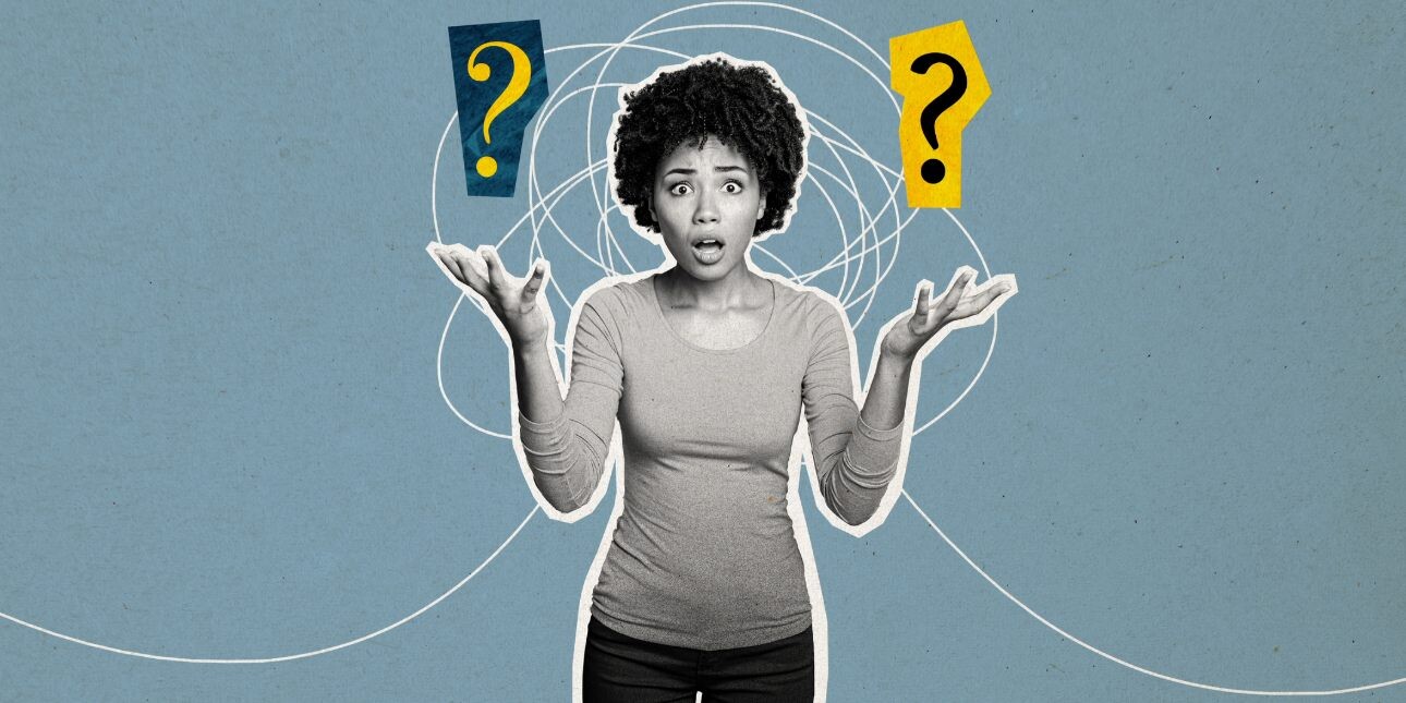 Collage on a blue background featuring a cut out black and white photograph of a woman looking astonished. She is flanked by two question mark and a squiggly line.