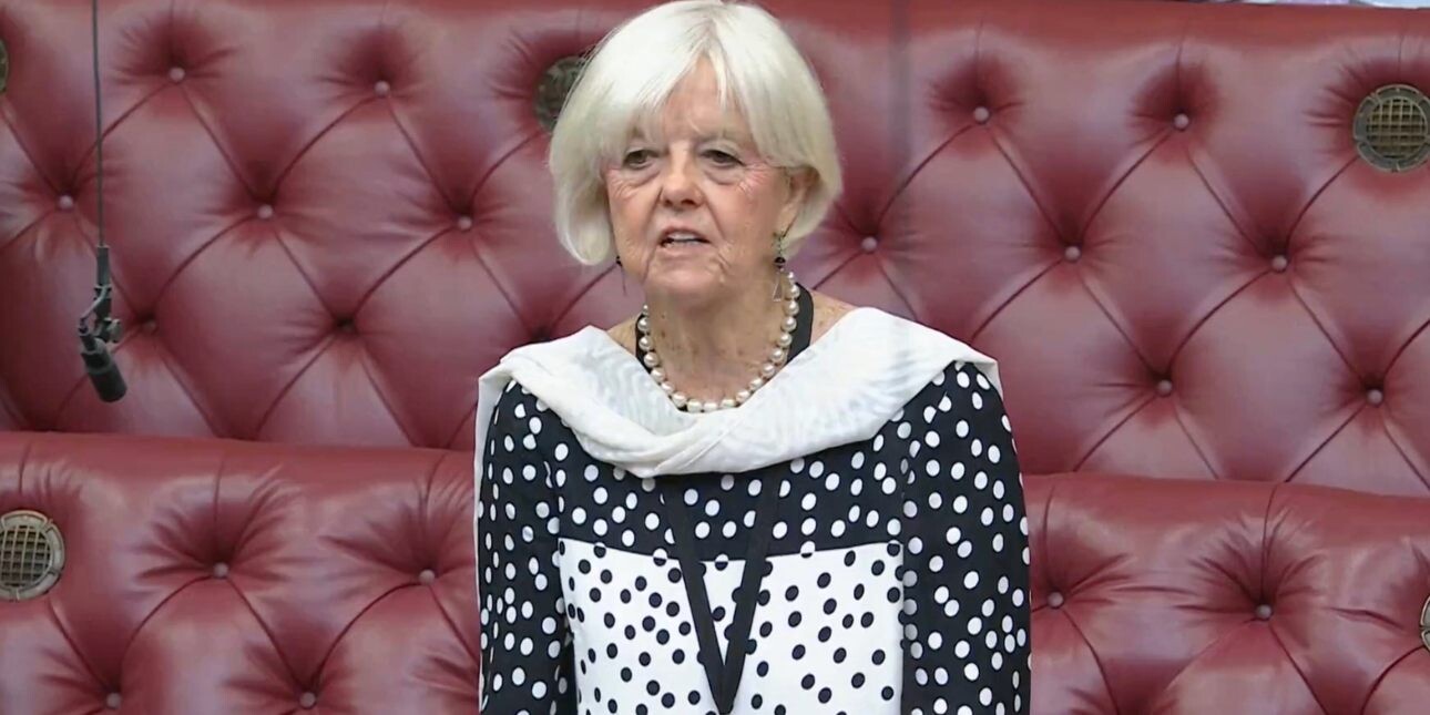 Baroness Hayter - a white woman with grey hair who is wearing a monochrome spotted top - is stood in the House of Lords chamber in front of red benches.