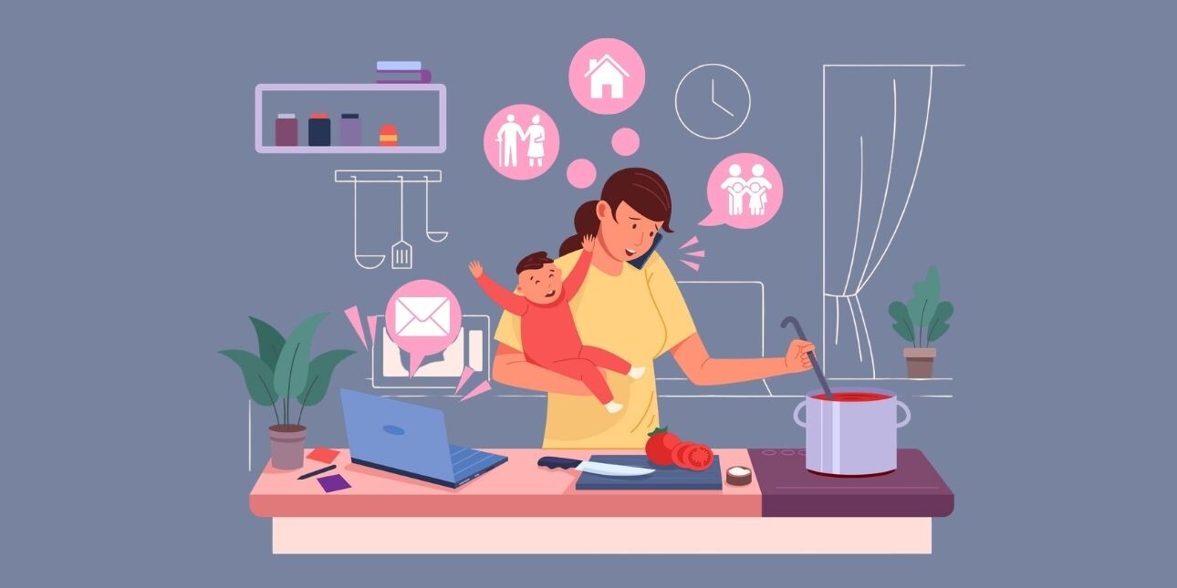 An illustration of a woman holding a child and speaking into a mobile phone while cooking. Speech bubbles with icons represent family, household and caring for elderly parents. An email envelope icon projects from a laptop beside her.