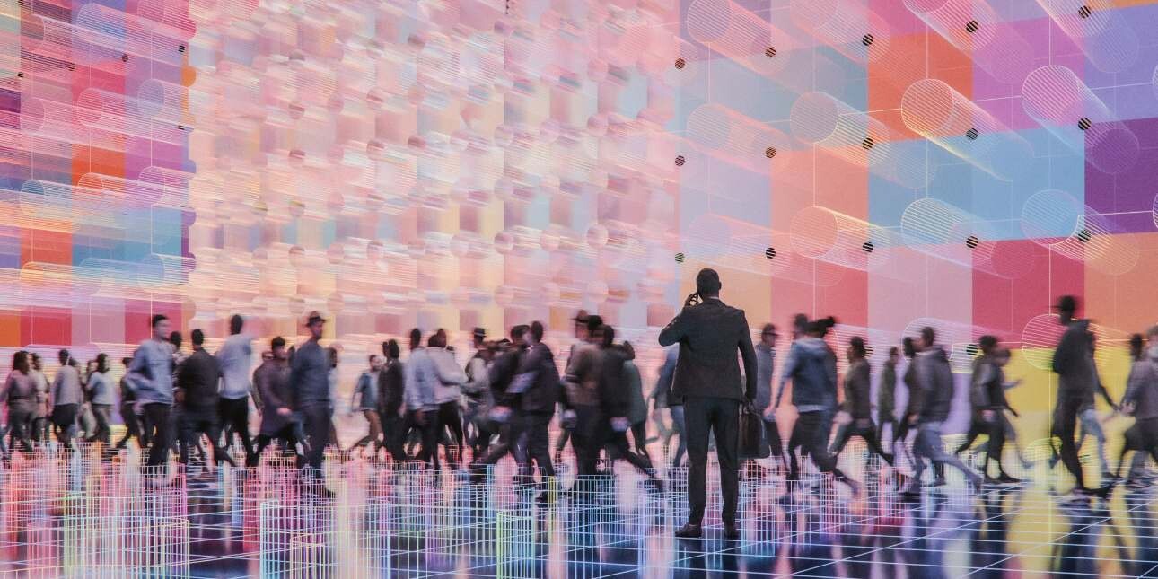 A digitised image of a crowd of people walking past a futuristic looking pink, coloured cube structure.