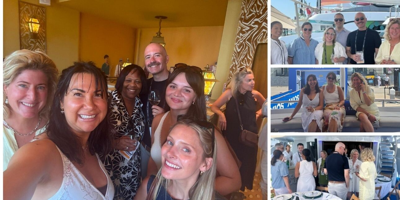 A montage of photographs showing groups of smiling people in a restaurants and onboard a yacht.