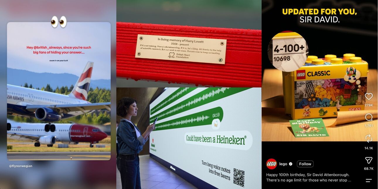 A montage of four screen shots, showing two planes, a plaque on a red bench, a large screen, and a Lego box.