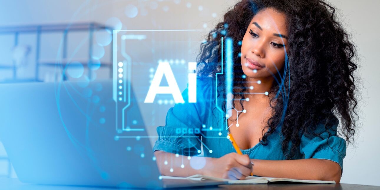 woman writing in notebook AI hologram