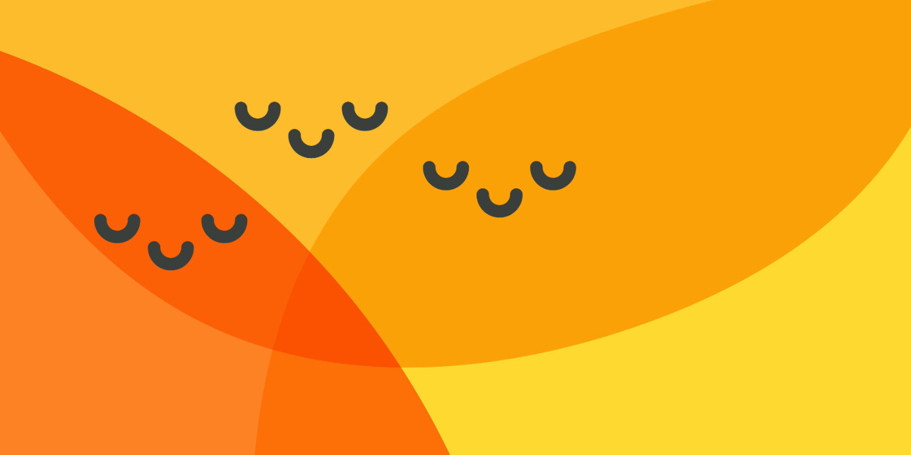 Three sets of a pair of doodled eyes and smiles on a background of overlapped semi circular orange, yellows and red.