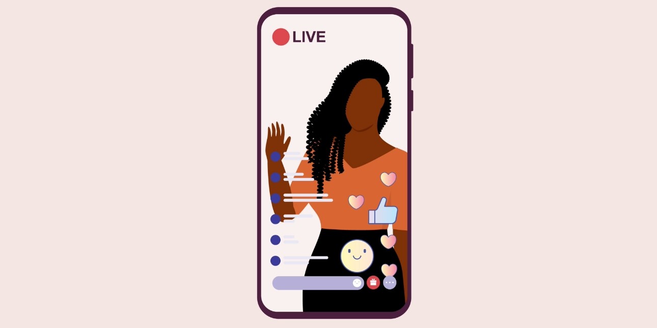 An illustration on a pink background of a smartphone featuring a female influencer on the screen.