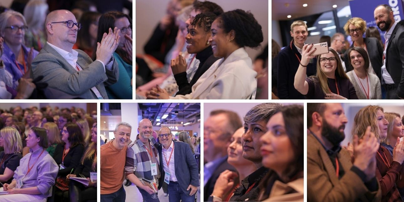 A montage of photographs of audience members and delegates of different ages, genders, and ethnicities.