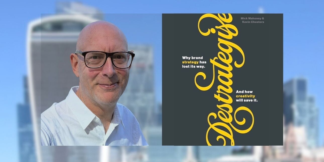 A side by side image of the Kevin Chesters - a white man with glasses - adjacent to the dark grey and yellow cover of his new book Destrategise.