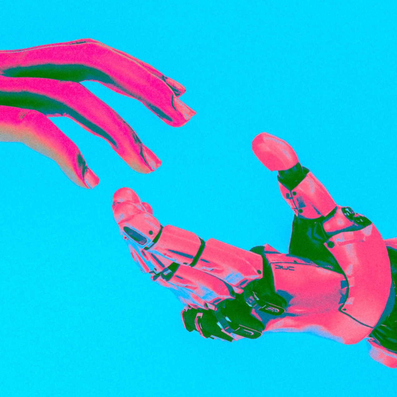 A hesitant human hand about to hold hands with a robot hand